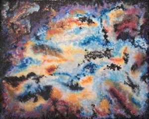 A vibrant hand-painted acrylic artwork depicting a surreal, colorful nebula with swirling hues of red, blue, green, yellow, and violet blending fluidly across the canvas.